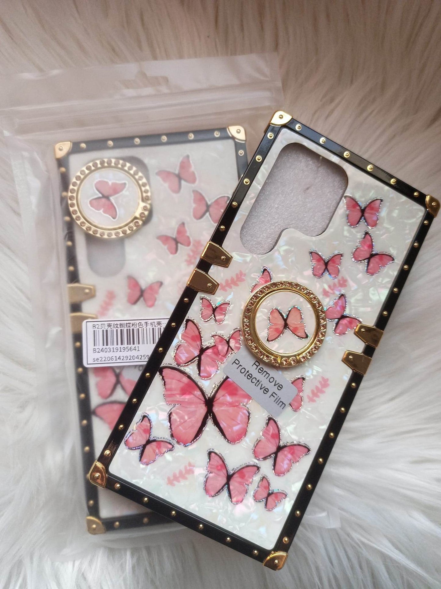 Coque motif papillon rose à avec support anneau - Le bazar de mymy